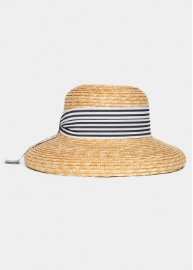 Beige Straw Hat with Black & White Barred Strap