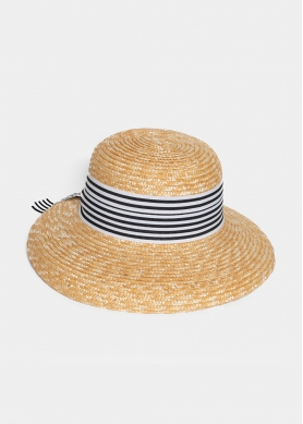 Beige Straw Hat with Black & White Barred Strap