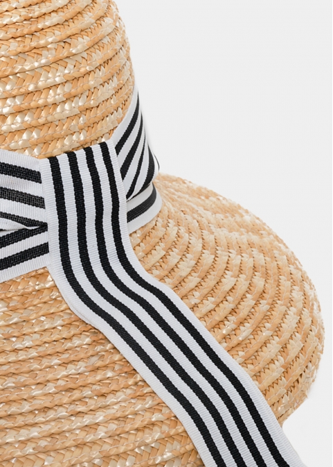 Beige Straw Hat with Black & White Barred Strap