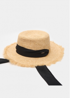 Natural Raffia Hat w/ Black Ribbon & Neck Tie