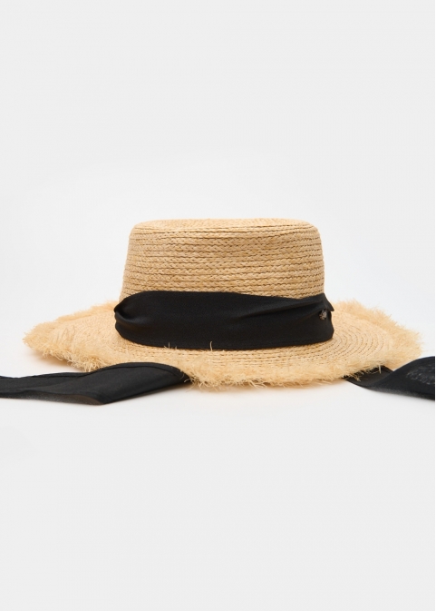 Natural Raffia Hat w/ Black Ribbon & Neck Tie