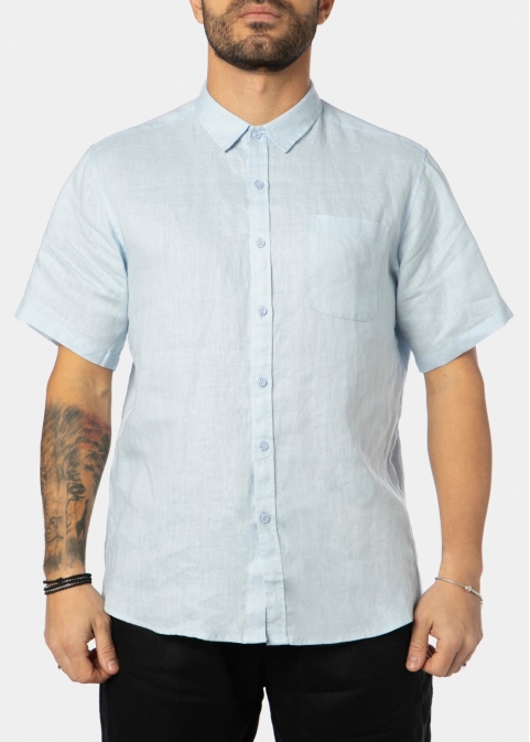 100% Linen Light Blue Classic Shirt w/ Short Sleeves