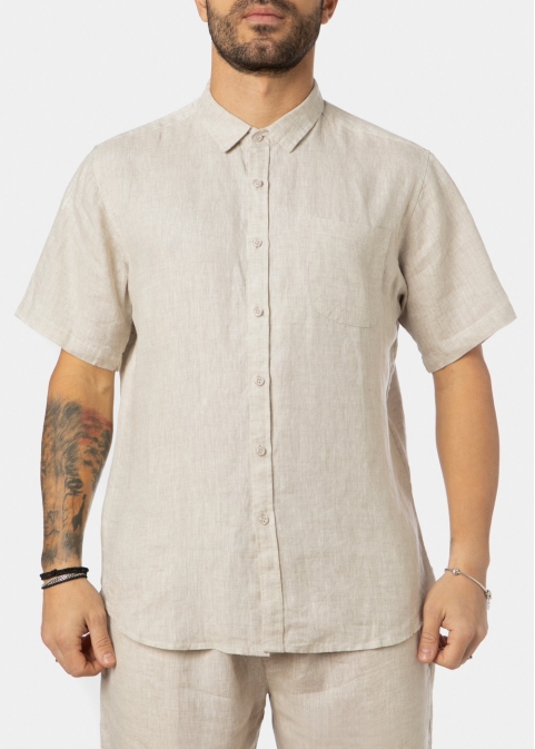 100% Linen Natural Beige Classic Shirt w/ Short Sleeves