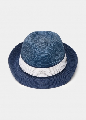Blue fedora with white details