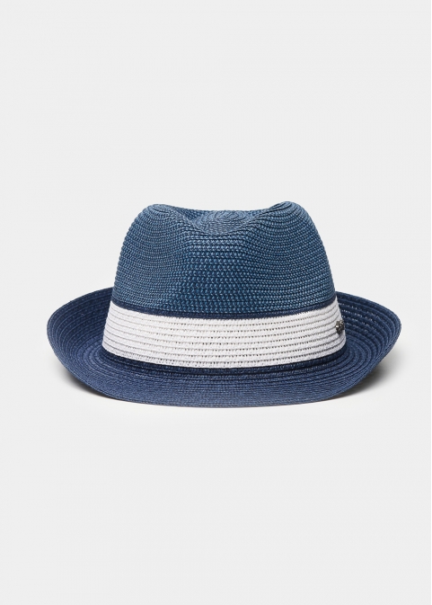 Blue fedora with white details