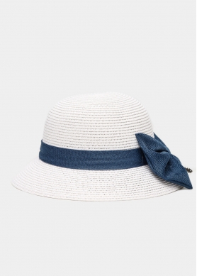 White Straw Hat w/ Navy Blue Bow