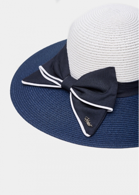 Navy Blue & White Straw Hat w/ Bow