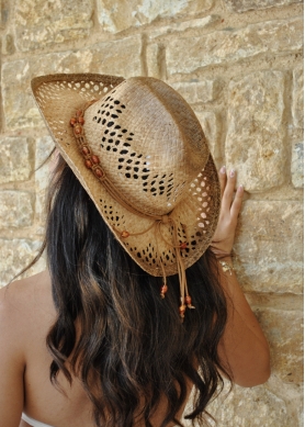 Natural Raffia Cowboy Style Hat w/ Orange Stones
