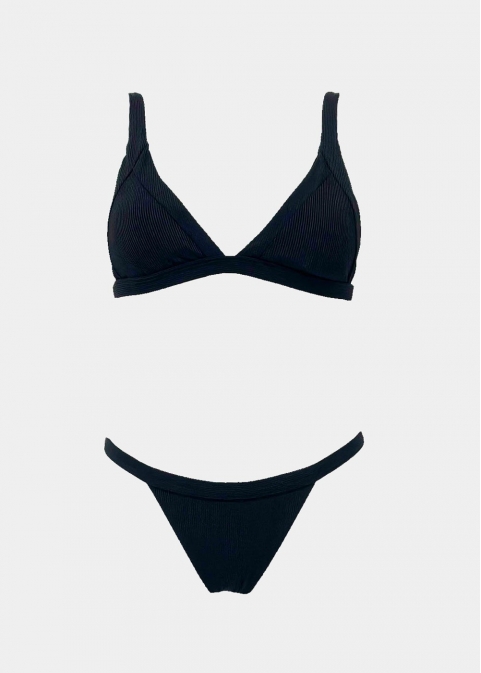 Ribbed High Cut Bikini Swimwear - Black