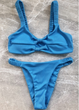 Ribbed Double Twist High Cut Bikini Swimwear - Blue