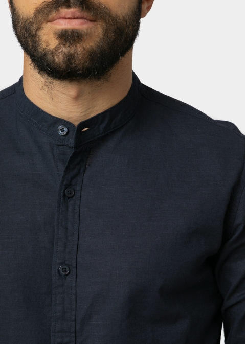 Linen - Cotton Navy Blue Mao Shirt 