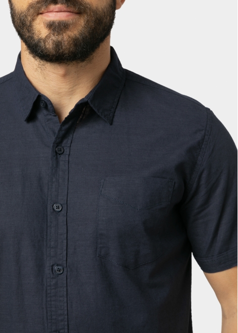 Linen - Cotton Navy Blue Classic Shirt w/ Short Sleeves