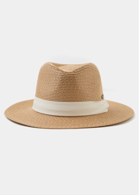 Brown Panama Style Hat w/ cream hatband