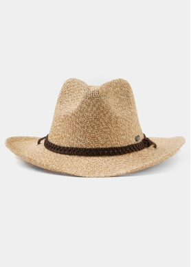 Beige Raffia Cowboy Style Hat w/ brown braided hatband & neck cord
