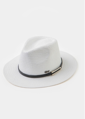 White Panama Style Hat w/ black leather belt