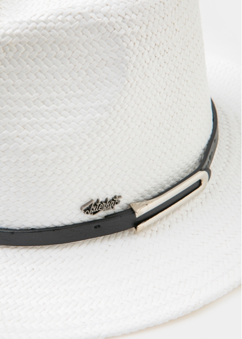 White Panama Style Hat w/ black leather belt