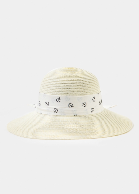 Ecru Straw Hat w/ anchor ribbon