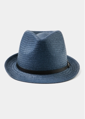  Navy Natural Straw Fedora Hat w/ navy leather belt