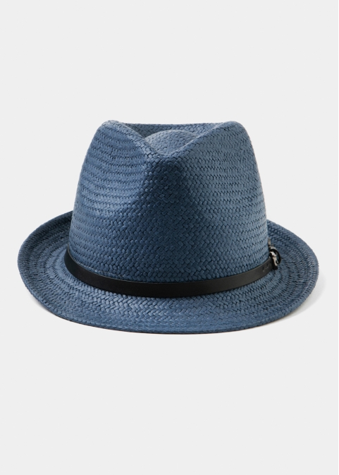  Navy Natural Straw Fedora Hat w/ navy leather belt