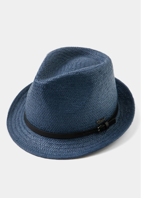  Navy Natural Straw Fedora Hat w/ navy leather belt