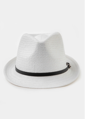  White Natural Straw Fedora Hat w/ black leather belt