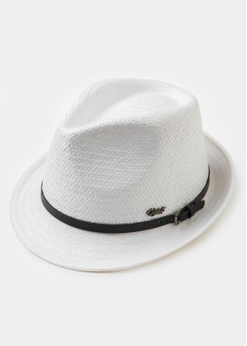  White Natural Straw Fedora Hat w/ black leather belt