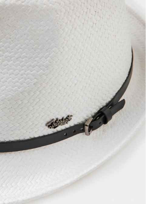  White Natural Straw Fedora Hat w/ black leather belt