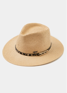 Beige Panama Style Hat w/ leopard belt