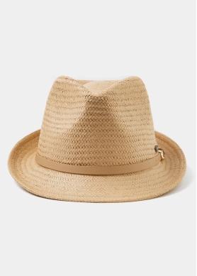  Beige Natural Straw Fedora Hat w/ beige leather belt