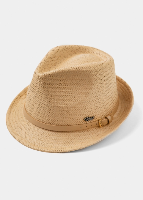  Beige Natural Straw Fedora Hat w/ beige leather belt