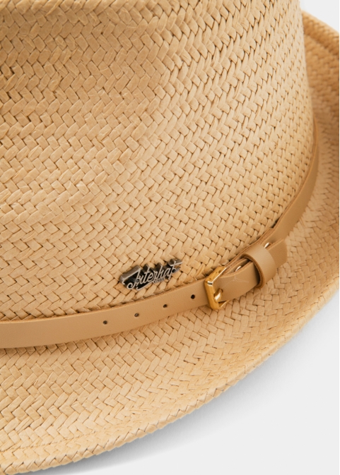  Beige Natural Straw Fedora Hat w/ beige leather belt