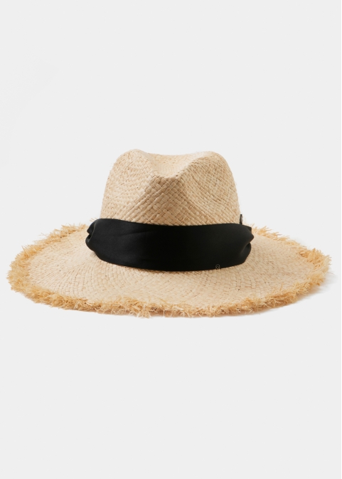 Beige Raffia Panama Style Hat w/ black neck ribbon