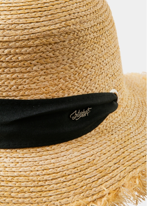 Natural Raffia Hat w/ Black Ribbon & Neck Tie