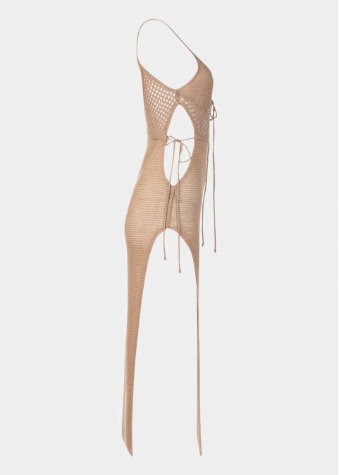 Beige Knitted Beachwear w/ Side Tears