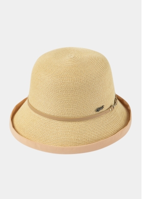 Beige Straw Hat w/ Cotton Lining & Leather Detail