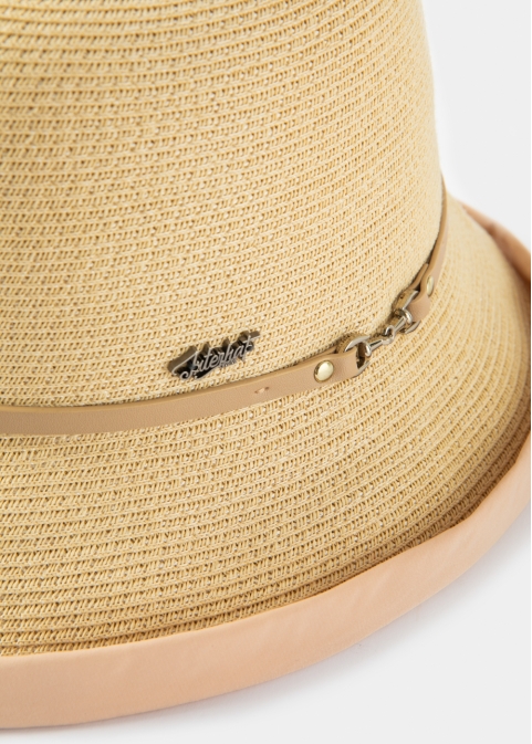 Beige Straw Hat w/ Cotton Lining & Leather Detail