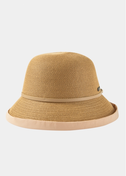 Brown Straw Hat w/ Cotton Lining & Leather Detail