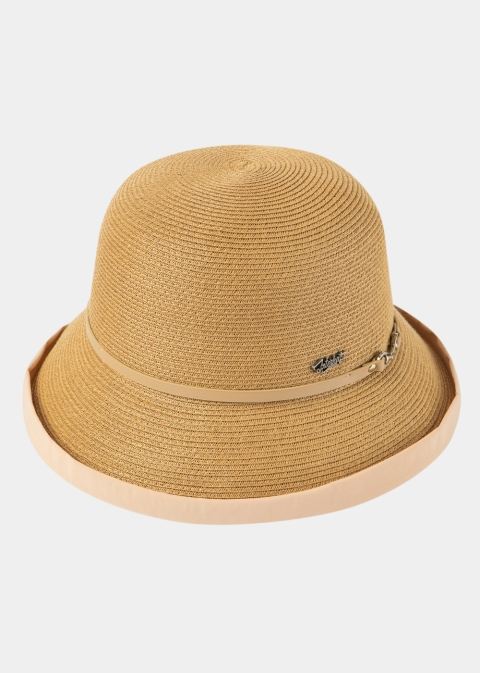 Brown Straw Hat w/ Cotton Lining & Leather Detail