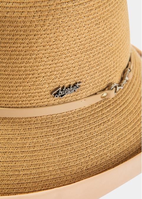 Brown Straw Hat w/ Cotton Lining & Leather Detail