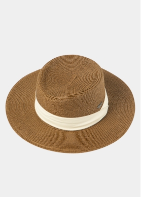 Brown Boater Hat w/ Ecru Ribbon