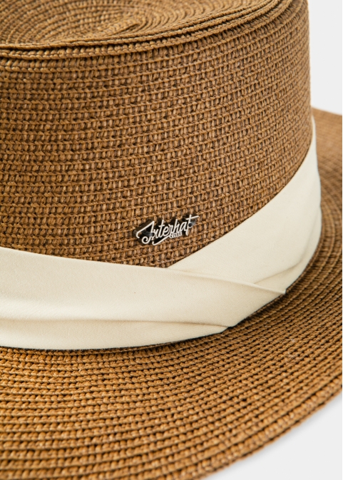 Brown Boater Hat w/ Ecru Ribbon