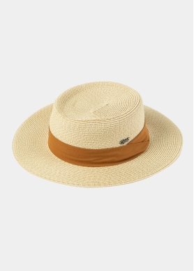 Beige Boater Hat w/ Camel Ribbon