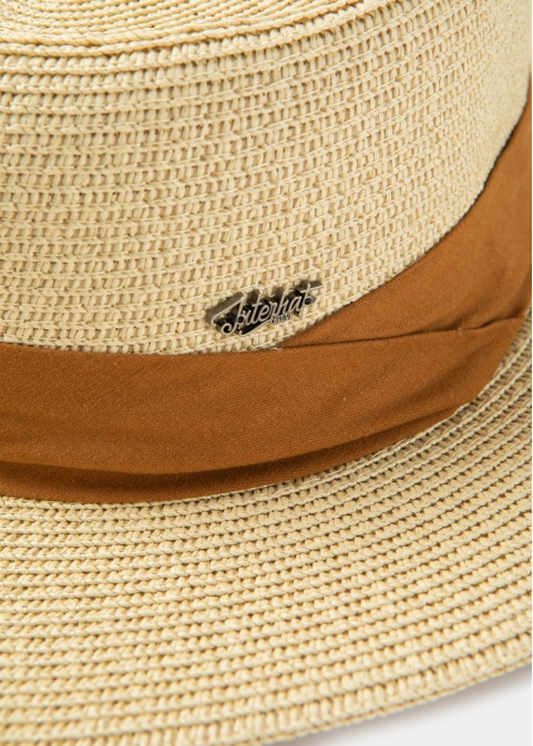 Beige Boater Hat w/ Camel Ribbon