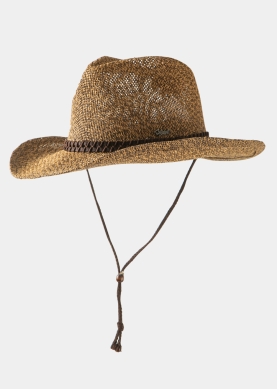 Brown Raffia Cowboy Style Hat w/ brown braided hatband & neck cord
