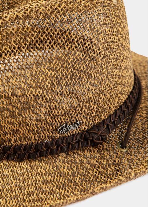 Brown Raffia Cowboy Style Hat w/ brown braided hatband & neck cord