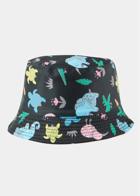 Kids Bucket Hat Double Face w/ Turtle Pattern Black