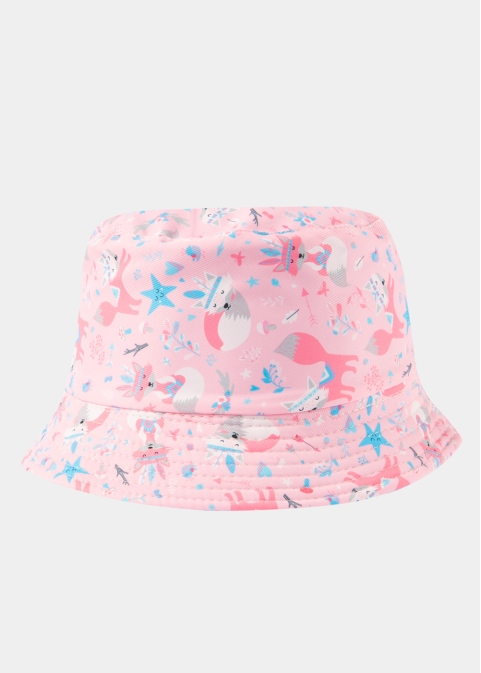Kids Bucket Hat Double Face w/ Fox Pattern Pink