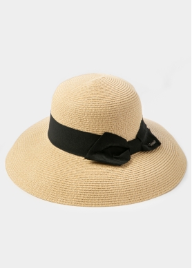 Beige Bell Straw Hat w/ Black Bow 
