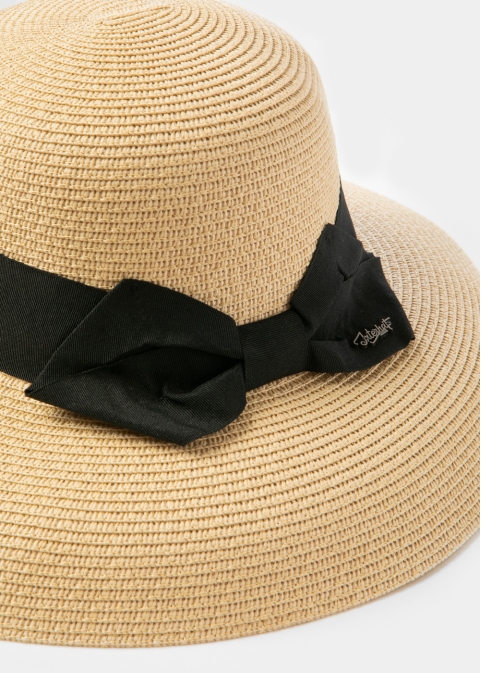 Beige Bell Straw Hat w/ Black Bow 