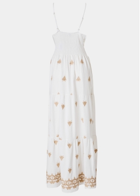 White Maxi Dress w/ Beige Embroidered Flowers